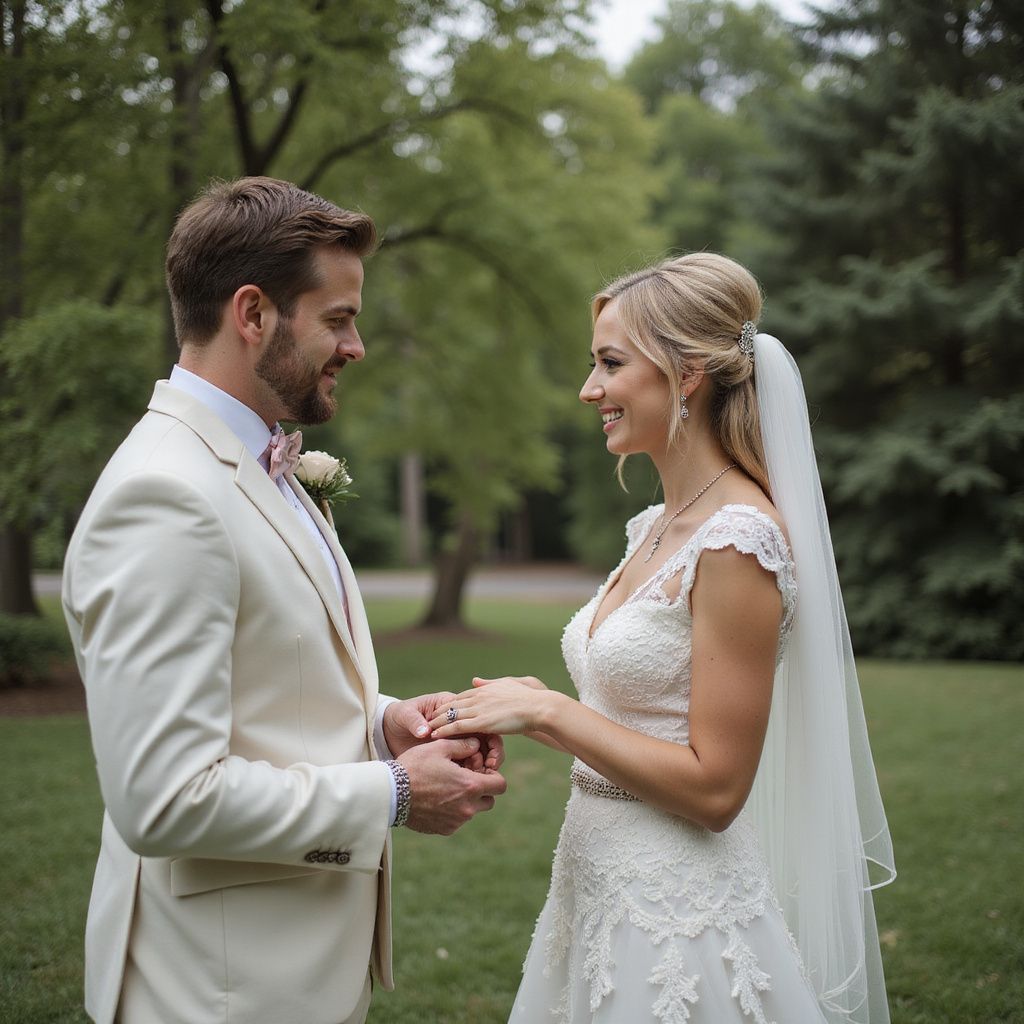 Couple exchanging rings at an outdoor wedding; man in cream suit, woman in white dress, smiling.