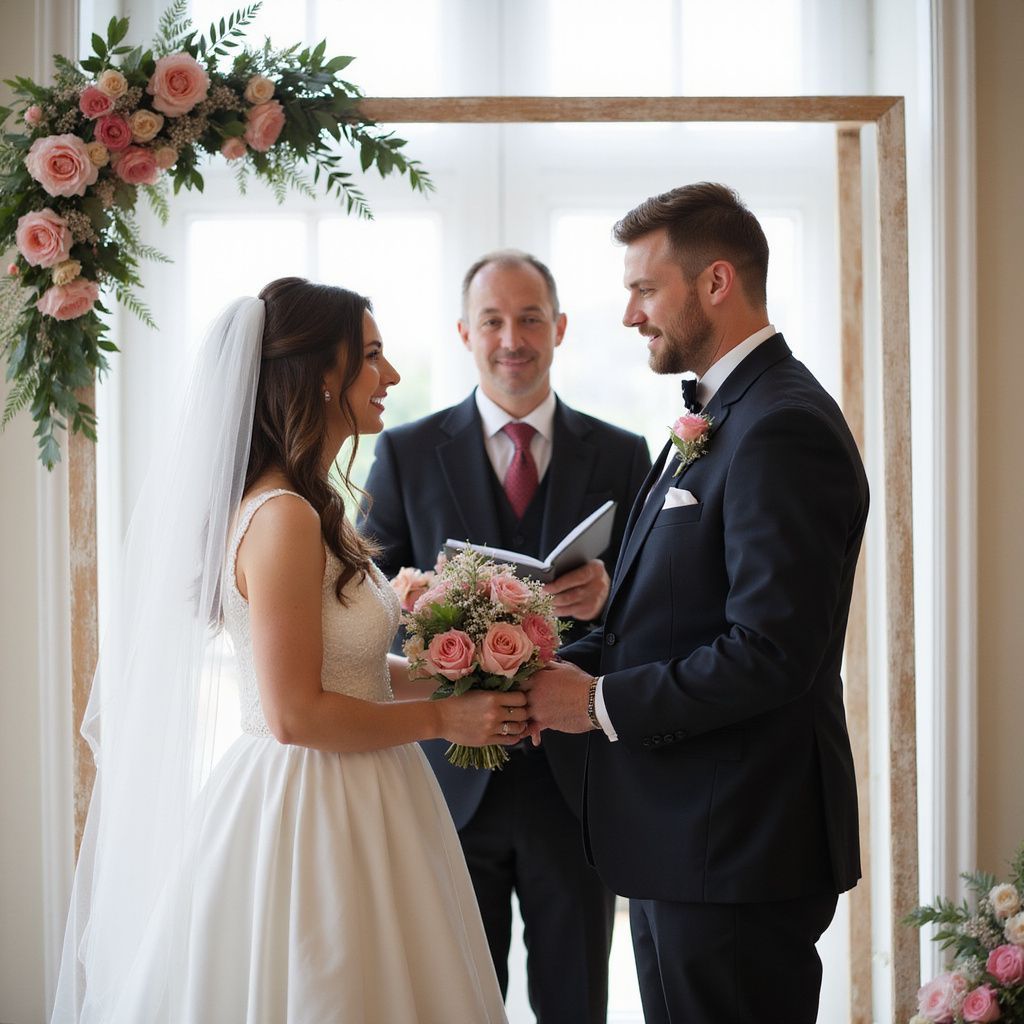 Bride and groom exchanging vows at indoor wedding ceremony, floral arch, officiant.