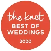 The Knot Best of Weddings 2020 award badge, coral-colored circle with white text.