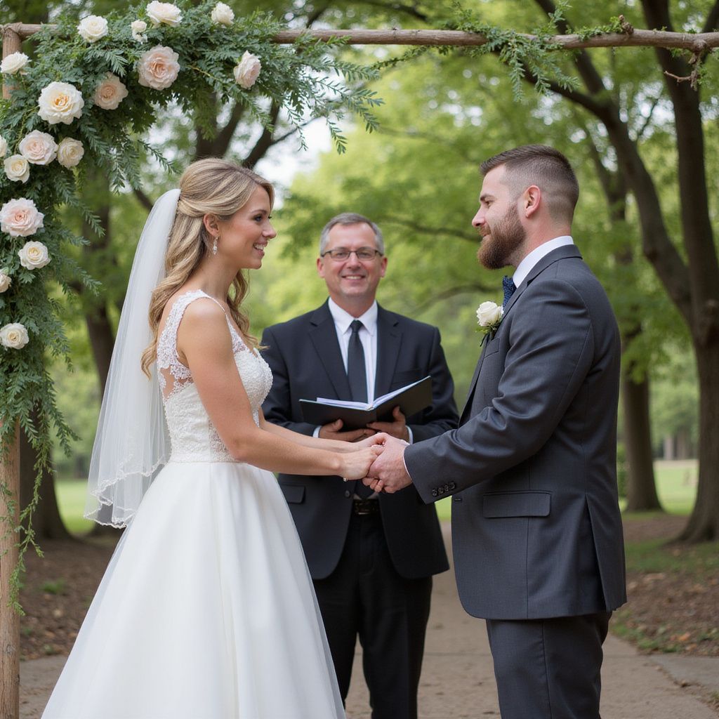 Bride and groom holding hands during wedding ceremony under floral archway.