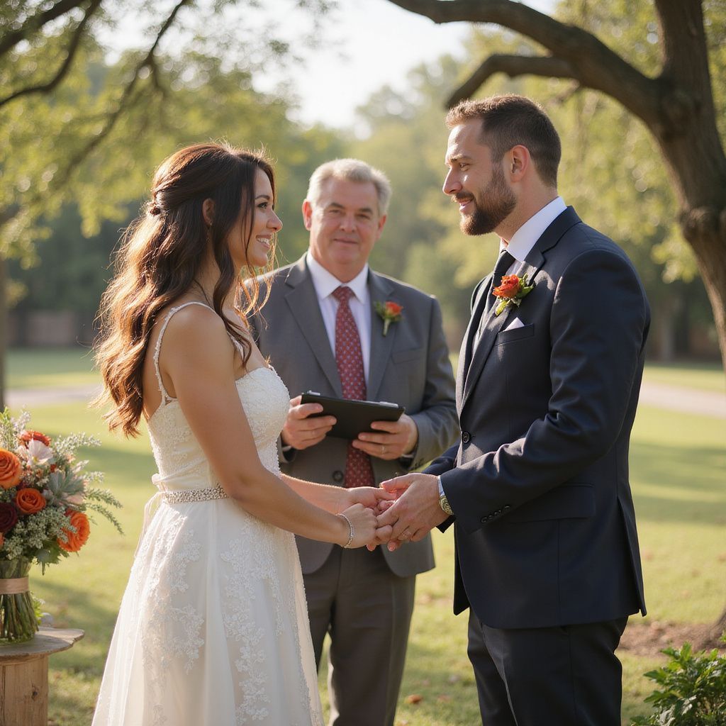Couple holding hands during outdoor wedding ceremony; officiant stands between them.