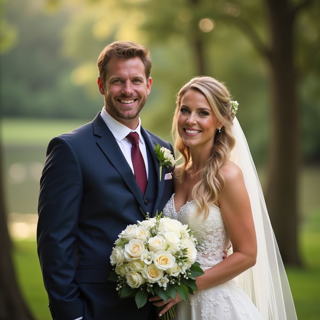 Newlywed couple smiles, outdoors. Man in navy suit, red tie. Woman in white wedding dress, holding bouquet.