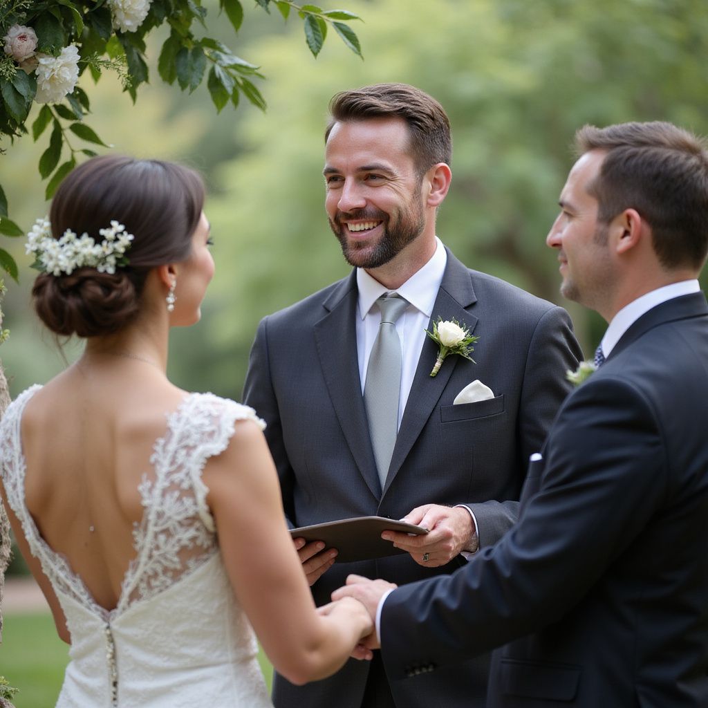 Couple exchanging vows at outdoor wedding, officiant smiling, holding hands.