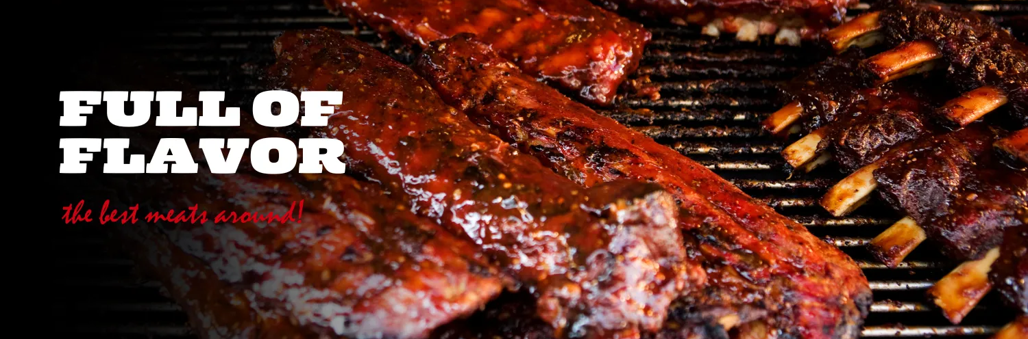 A picture of ribs on a grill that says full of flavor