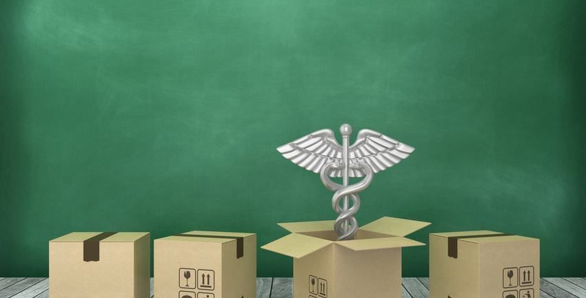 A caduceus symbol is coming out of a cardboard box.