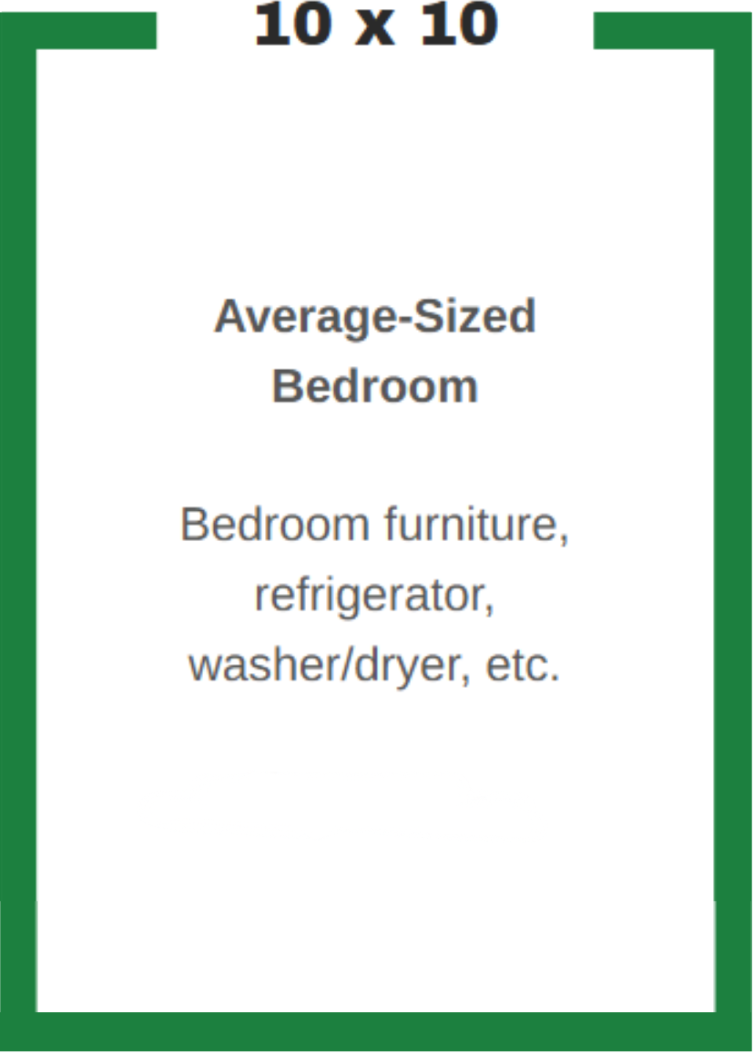 A picture of an average sized bedroom with bedroom furniture refrigerator washer dryer etc.