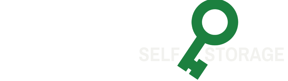 A green key is on a white background with the words self storage below it.