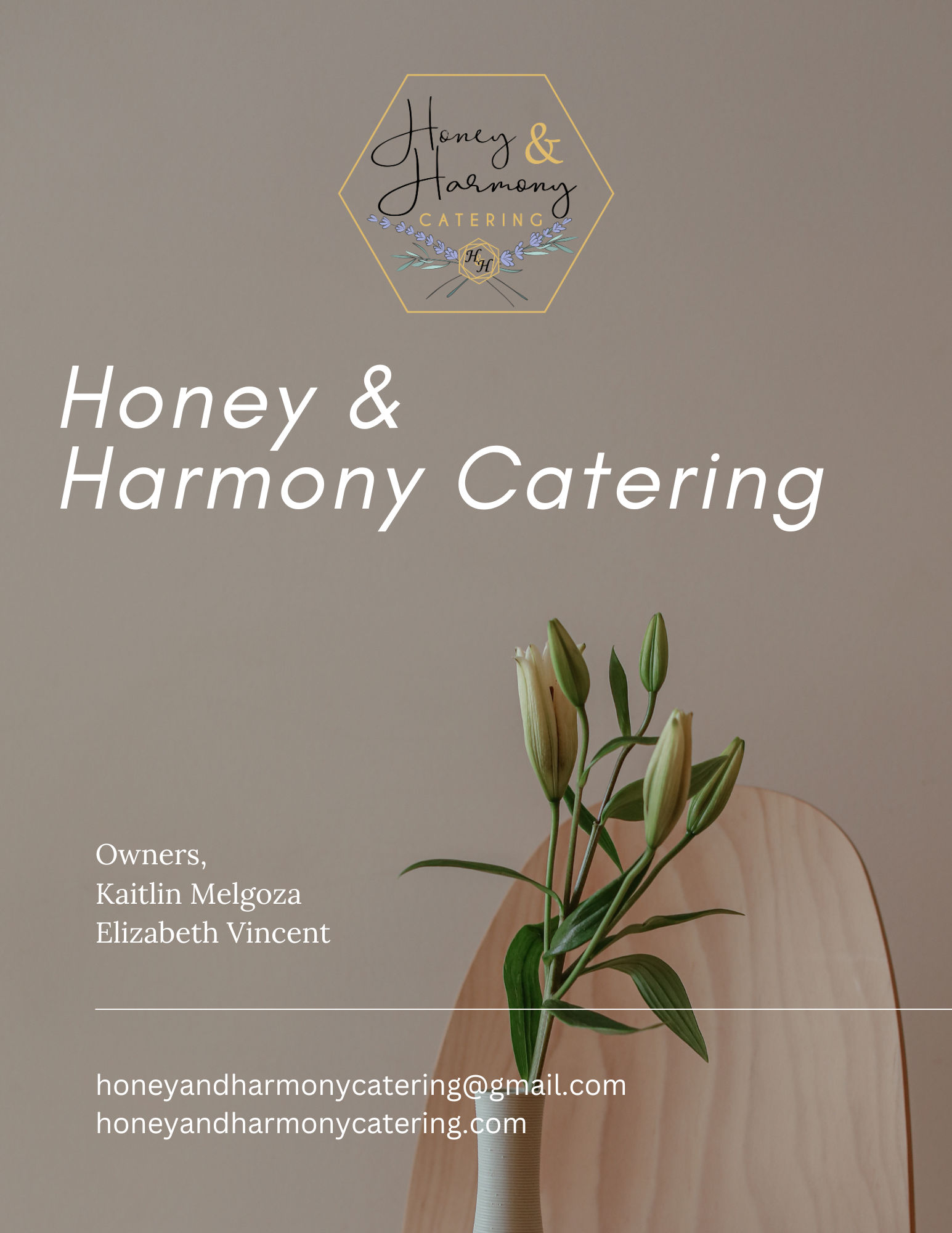 Honey & Harmony Catering logo on a beige background with a vase of flowers and business contact information.