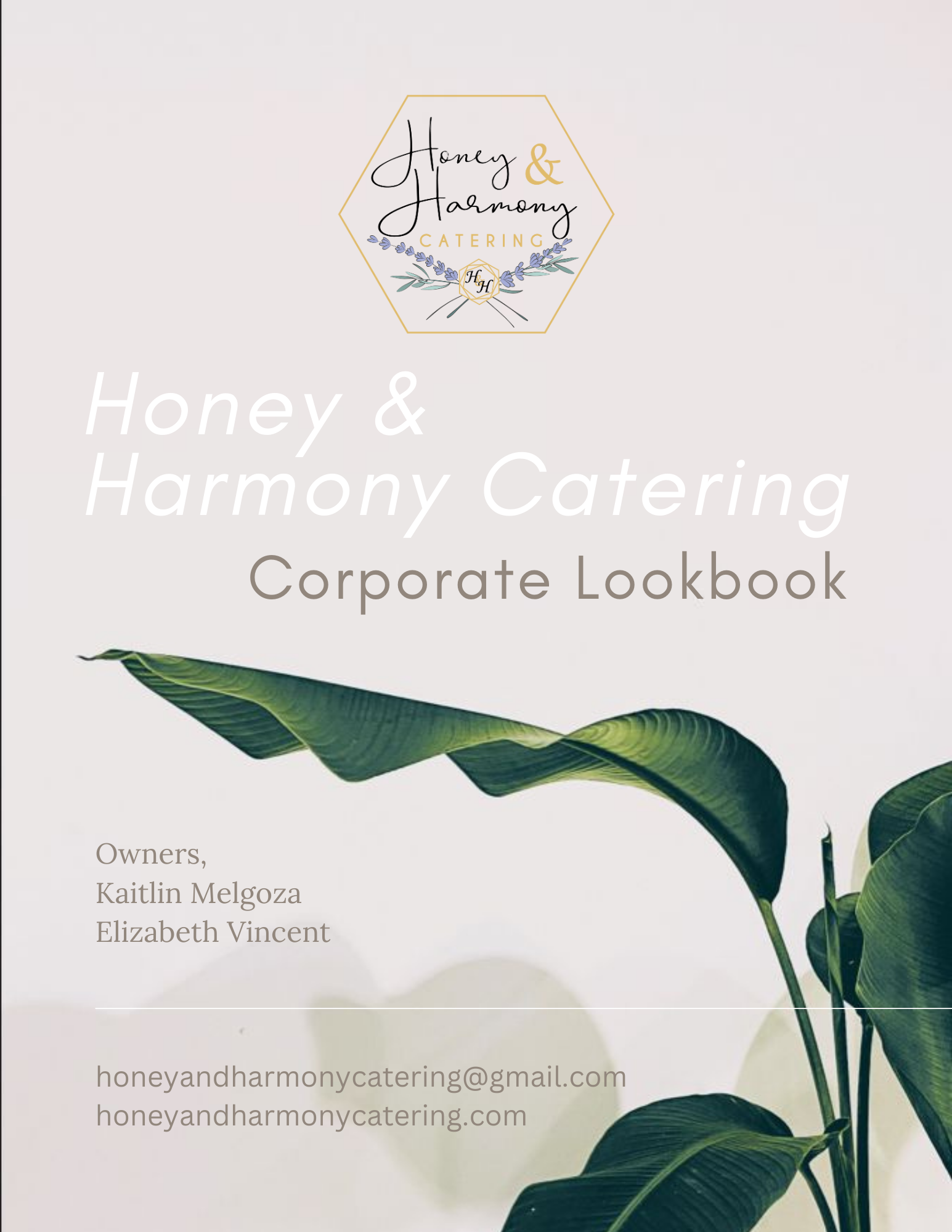 Cover of a corporate lookbook for Honey & Harmony Catering, featuring logo, text, and a plant.