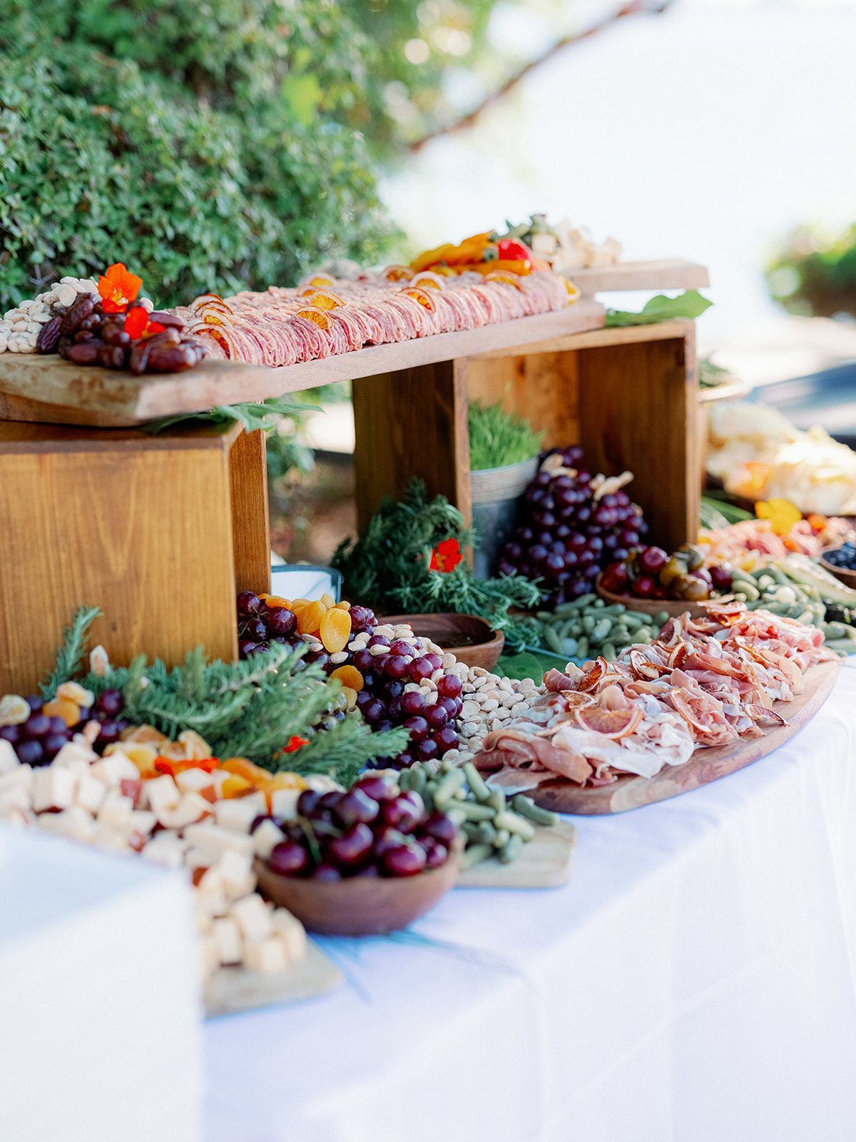 Charcuterie board with cheese, grapes, and appetizers, on wooden shelves, outdoor setting.