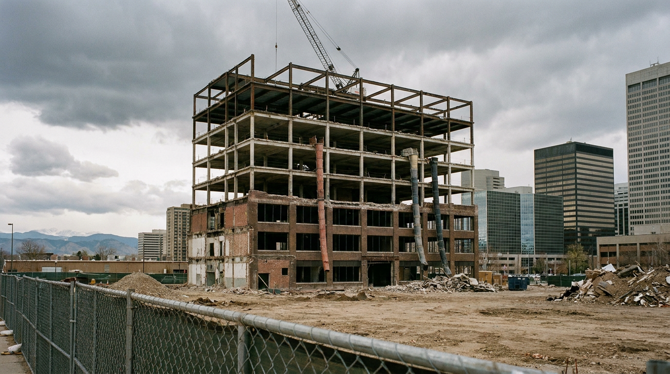 Partially built concrete building on a construction site under cloudy skies, with city buildings nearby
