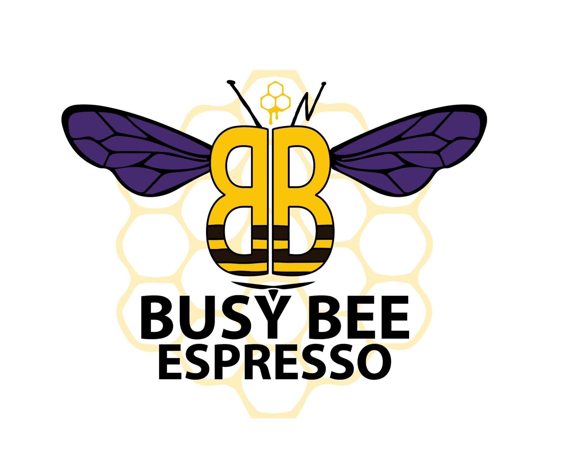 A logo for busy bee espresso with a bee on a honeycomb background.