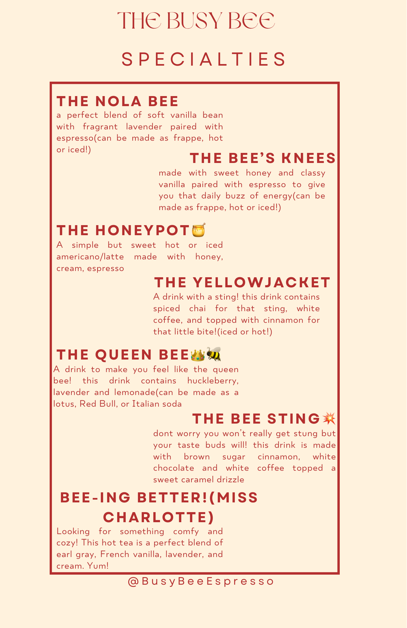 A menu for a restaurant called the busy bee specialties