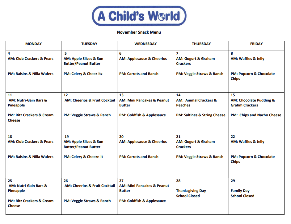 Snack Schedule — Sparks, NV — A Child's World