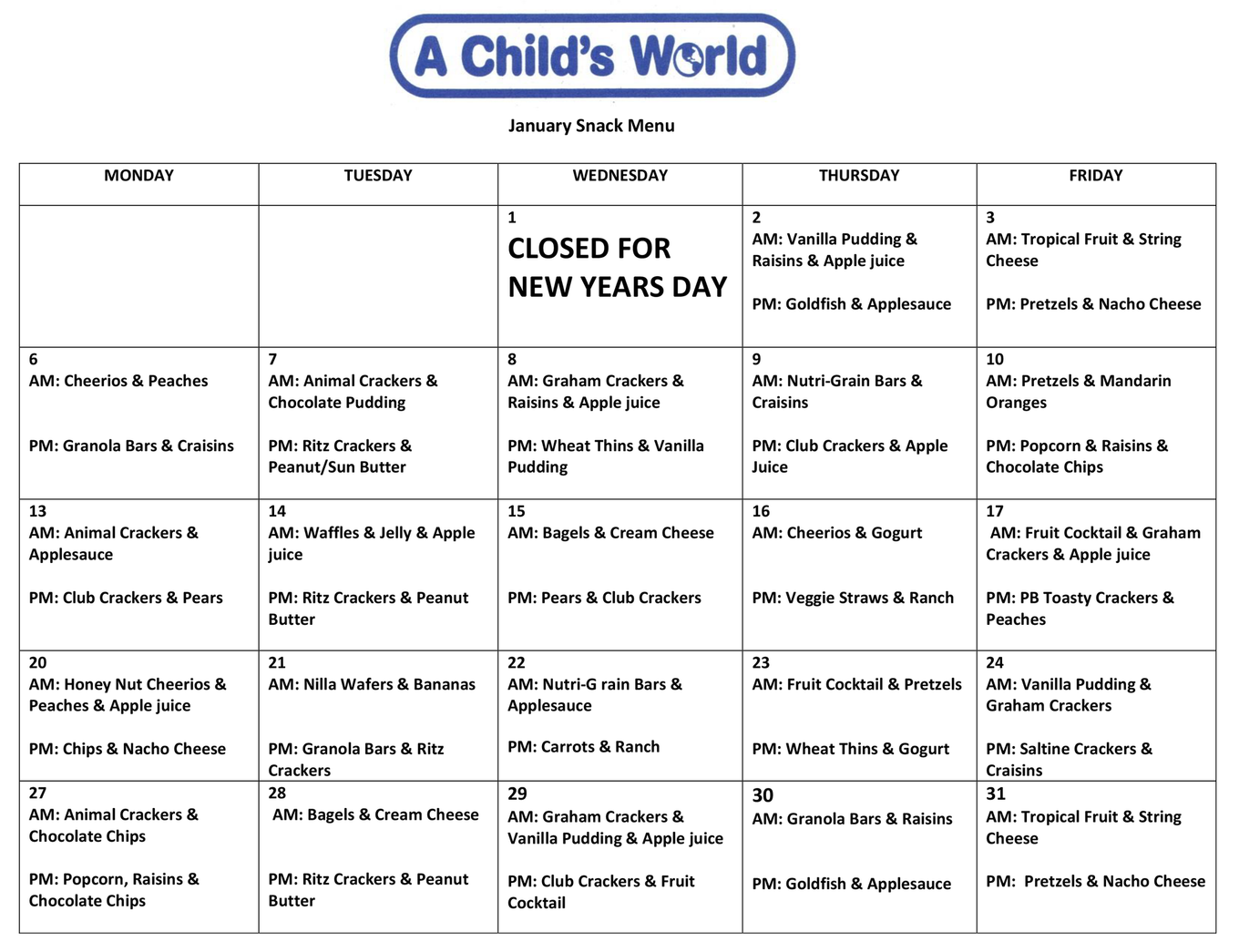 Snack Schedule — Sparks, NV — A Child's World