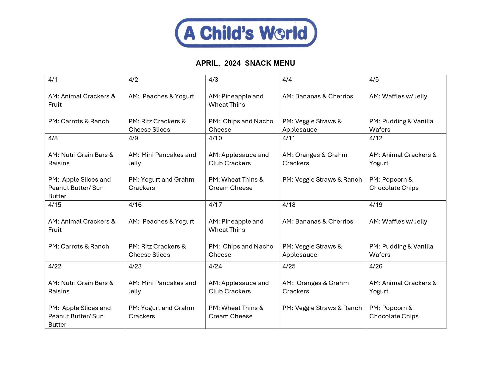 Snack Schedule — Sparks, NV — A Child's World