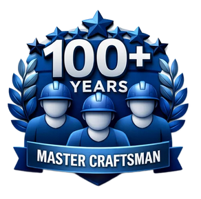 Blue emblem with stars, “100+ YEARS,” and “MASTER CRAFTSMAN” over three hard-hat workers