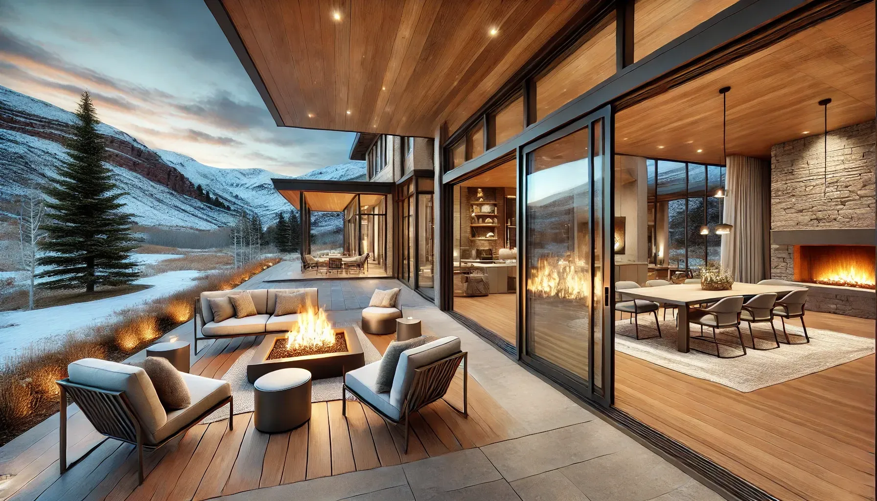 A large house with a lot of windows and a fireplace.
