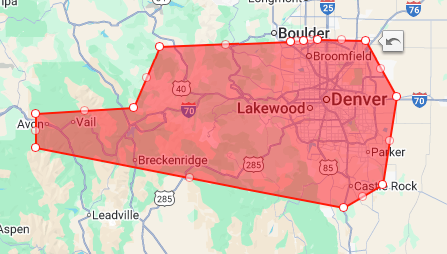 Map of the Denver, CO area, highlighted in red. Cities like Boulder, Vail, and Breckenridge are labeled.