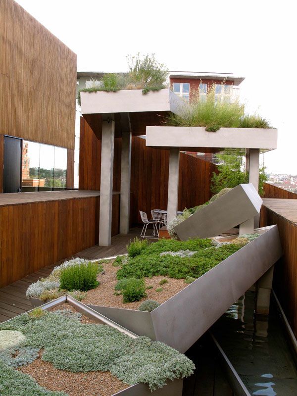 Modern house courtyard with layered concrete planters, wood cladding, and greenery over water