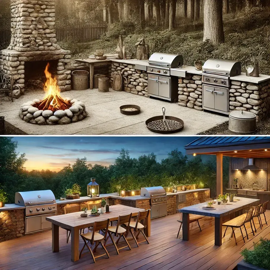 A black and white photo of a fire pit and an outdoor kitchen.