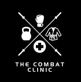 Logo for The Combat Clinic: barbell, boxing glove, kettlebell, martial arts gi, and a medical cross.