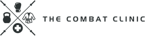 Logo for "The Combat Clinic" featuring crossed spears, icons for combat sports and a medical cross.