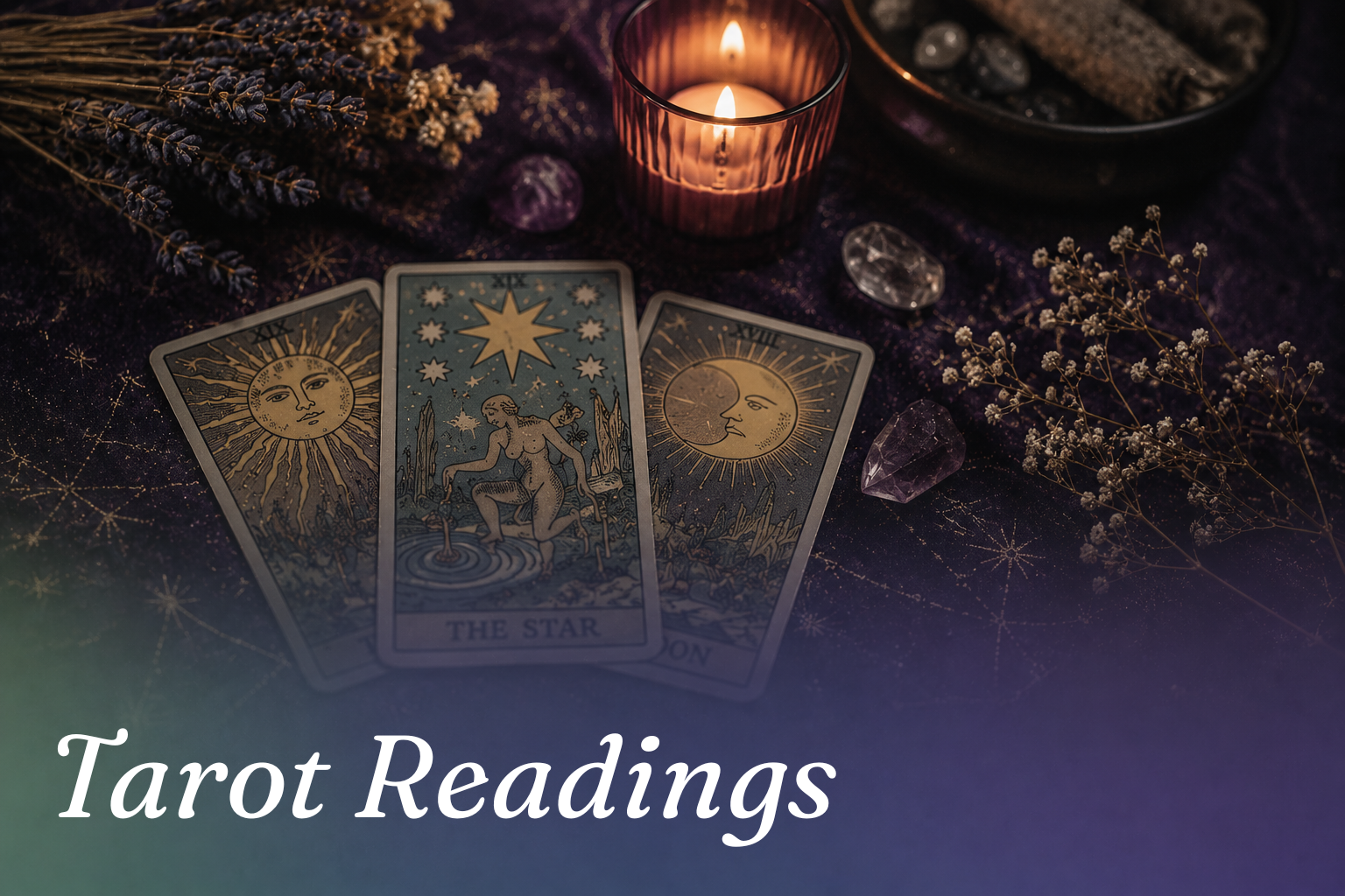 Tarot cards beside a lit candle and crystals on a dark table, with “Tarot Readings” text