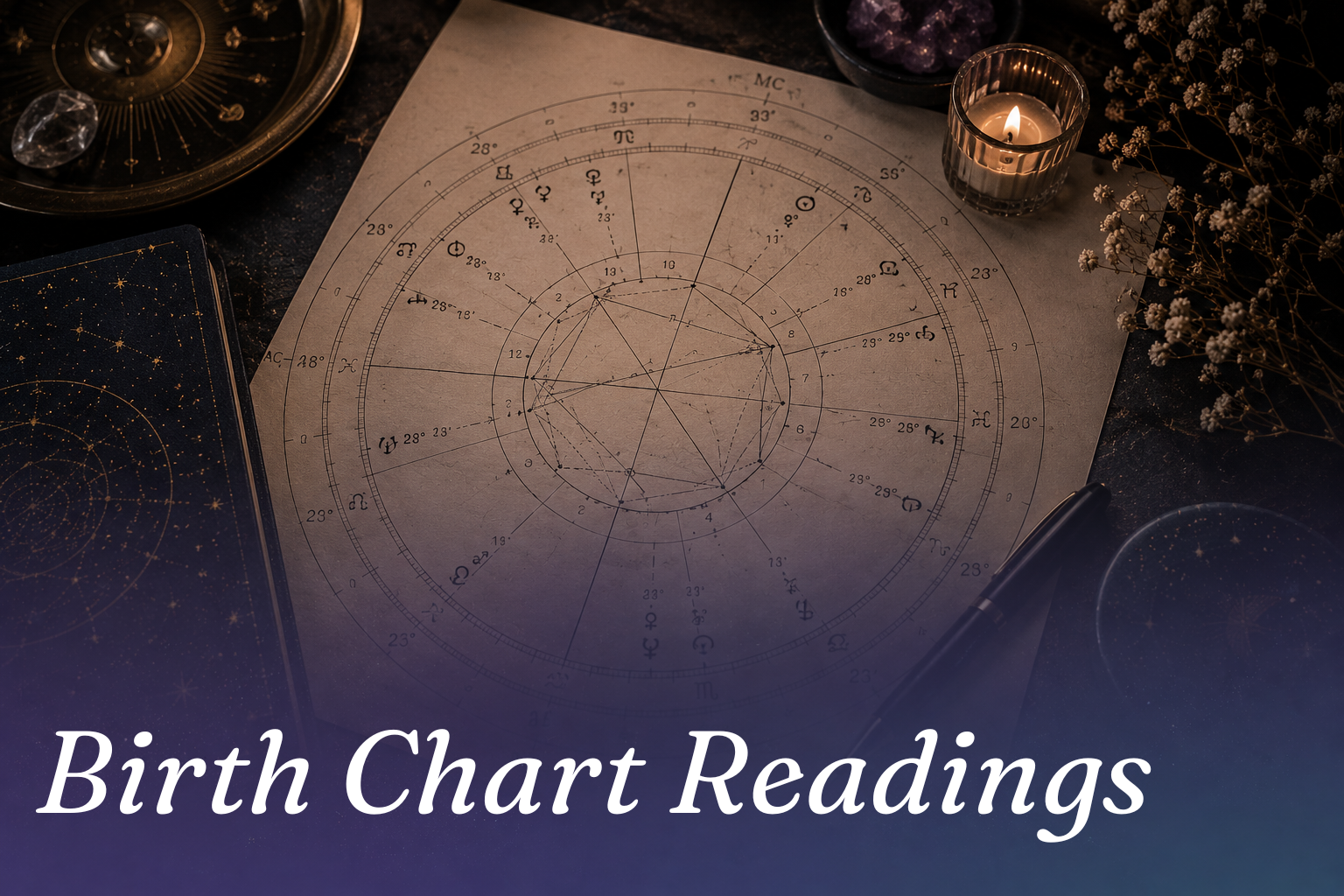 Birth chart on a dark astrology-themed background with the words “Birth Chart Readings”