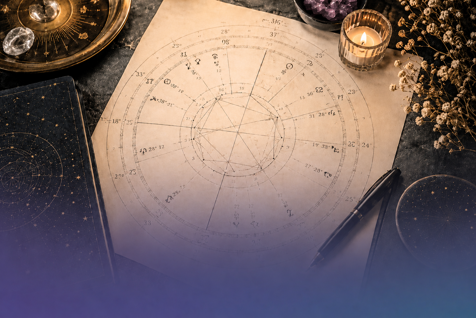 Astrological chart on parchment with candles and crystals in a dim, mystical setting