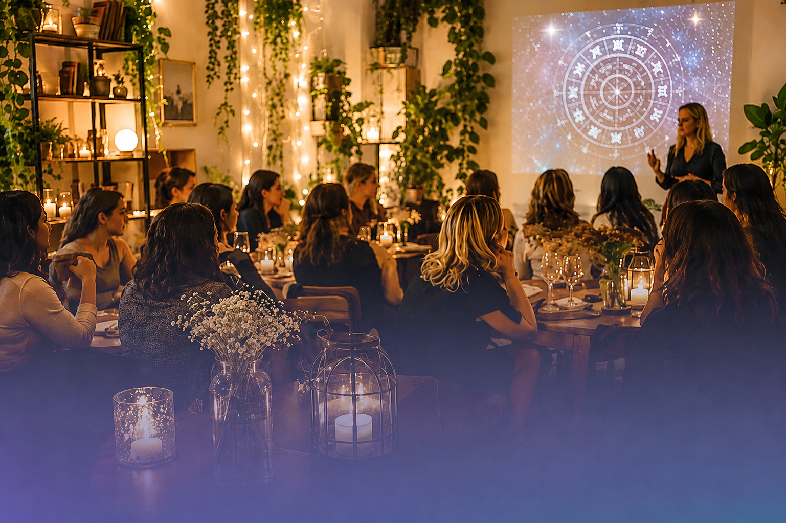Dimly lit candlelit gathering with seated people facing a projected circular pattern on a wall.
