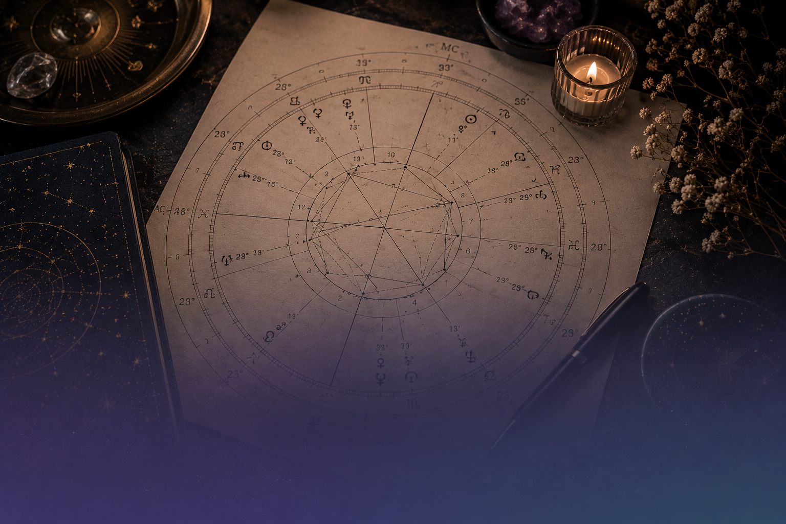 Astrological chart on parchment with candles and crystals in a dim, mystical setting