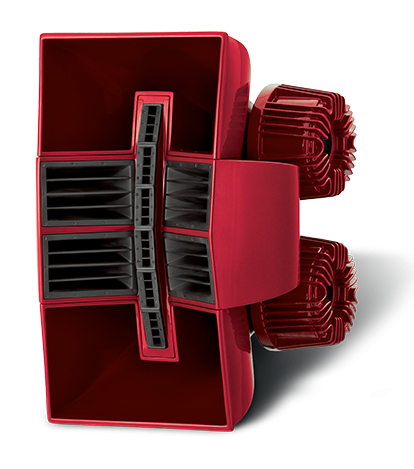 A red box with two speakers inside of it