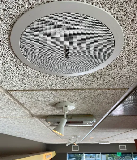 A bose speaker is mounted to the ceiling of a room