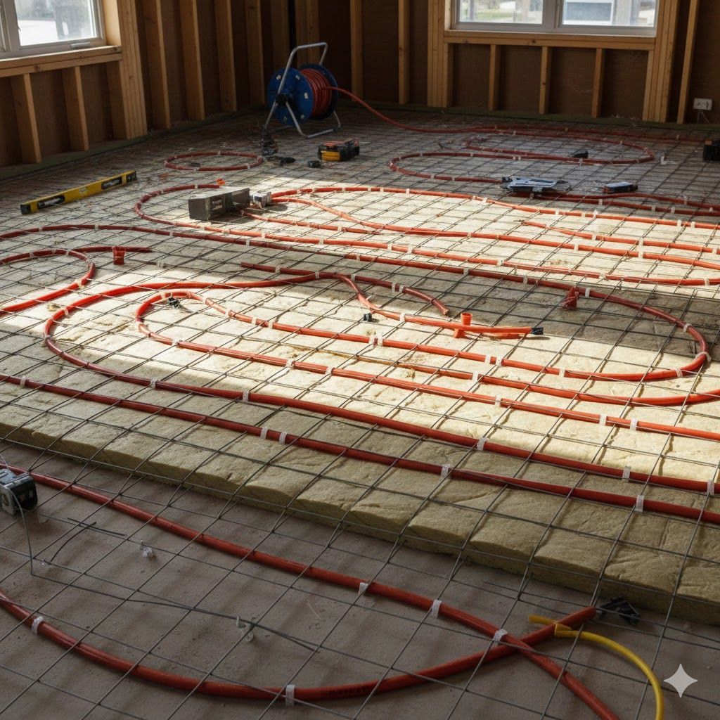 Witte airconditioningunit op een donkere sokkel met een achtergrond van grind.