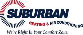 Suburban Heating & Air Conditioning logo with a circular design, dark blue text, and a tagline.
