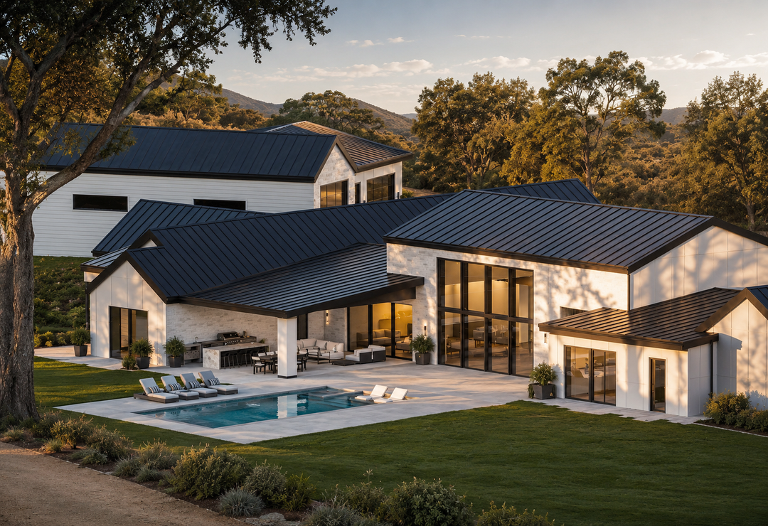 A modern white house with a dark metal roof, pool, and patio area, set in a grassy, open landscape.