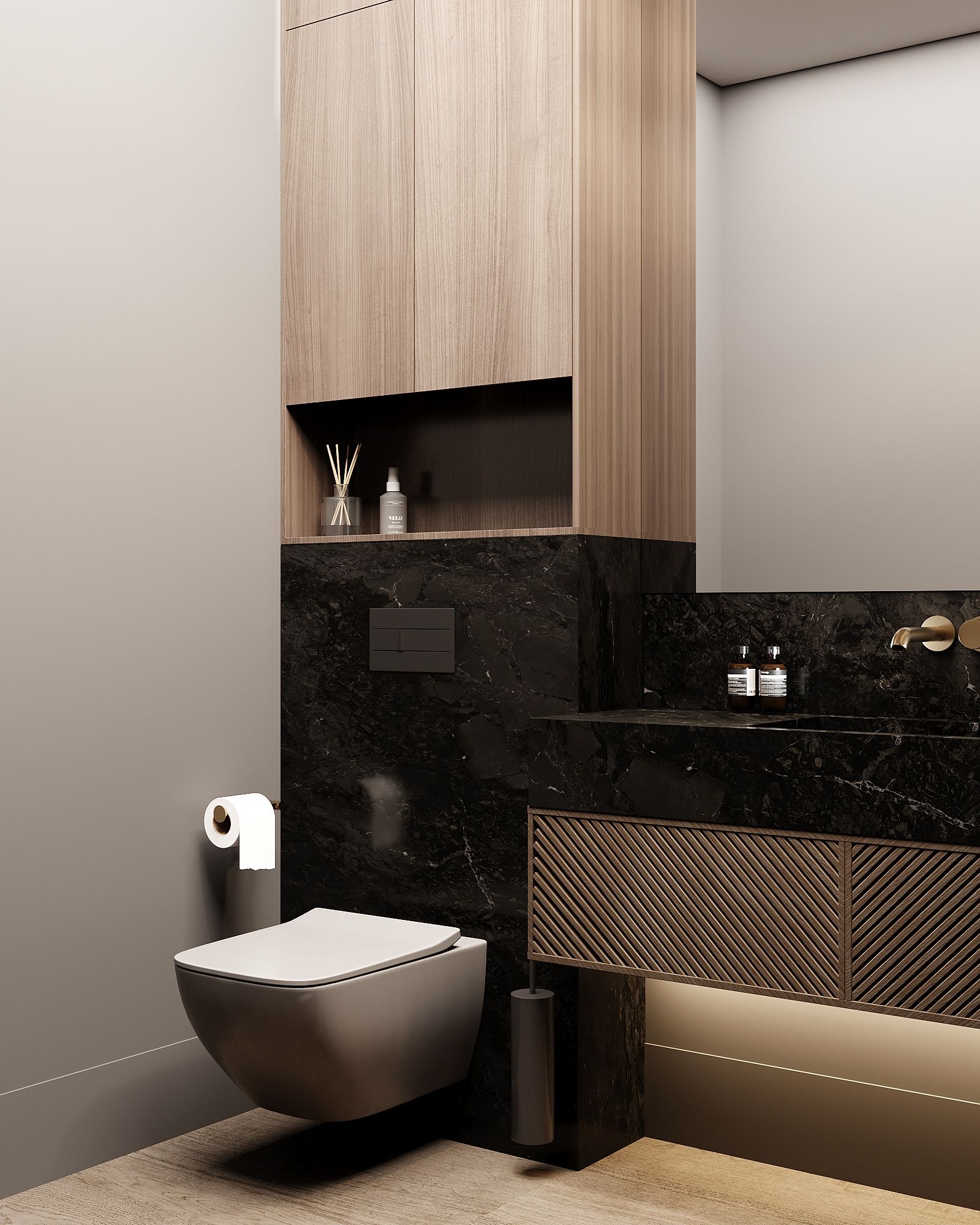 Modern bathroom with wall-mounted toilet, black stone vanity, wooden cabinetry, and recessed shelving.