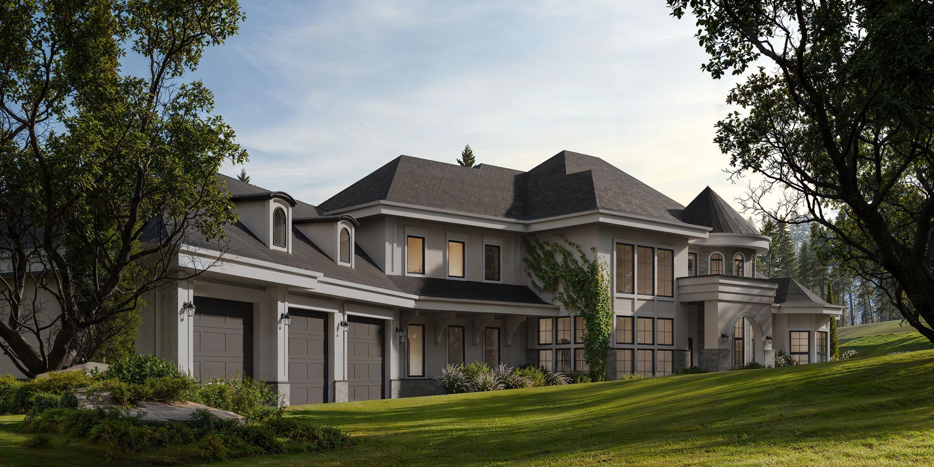 A large, multi-story luxury estate house with a three-car garage and dark gray roofing, set on a grassy, wooded hill.