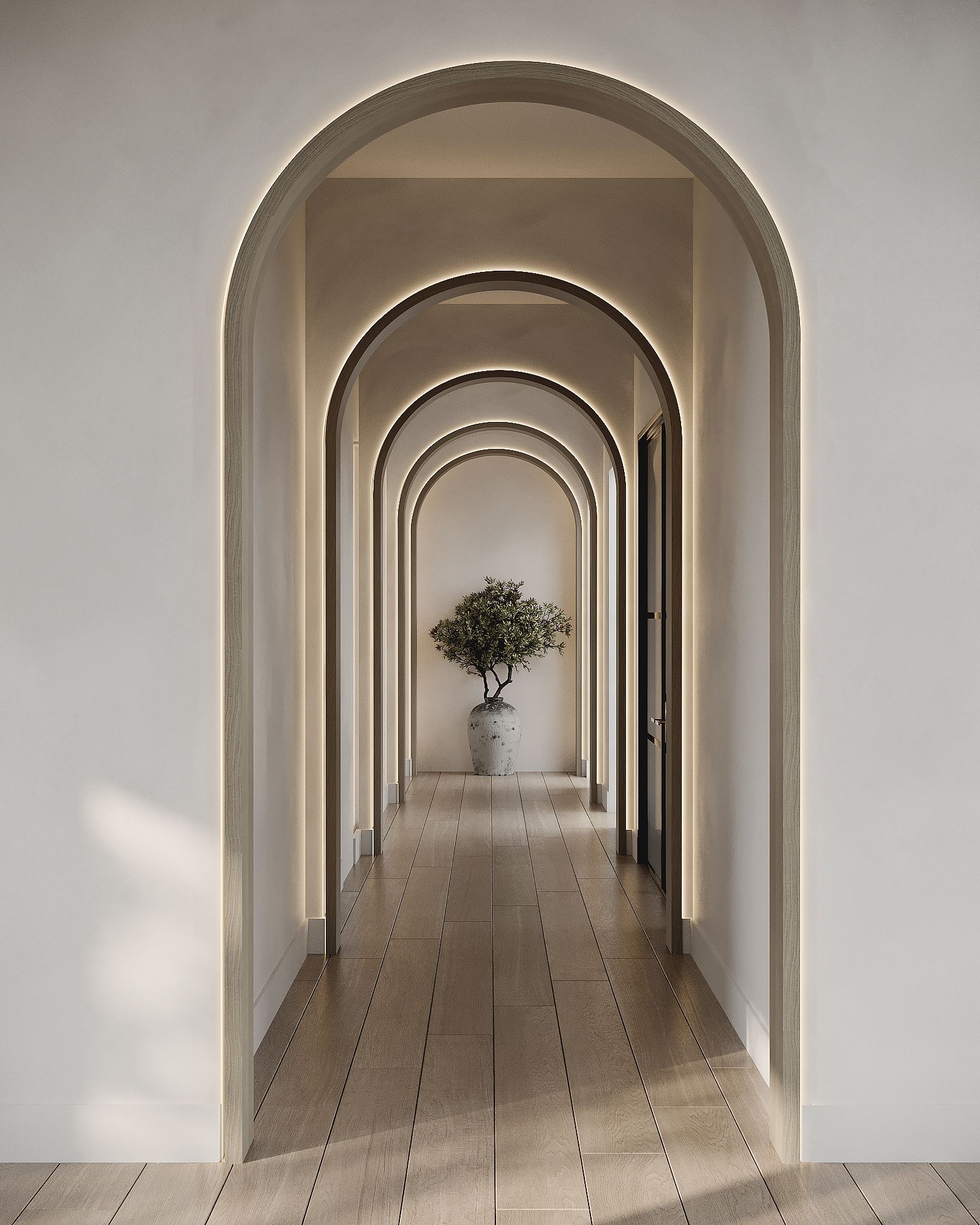 A perspective view of a long hallway with a series of illuminated arched doorways leading to a potted plant.