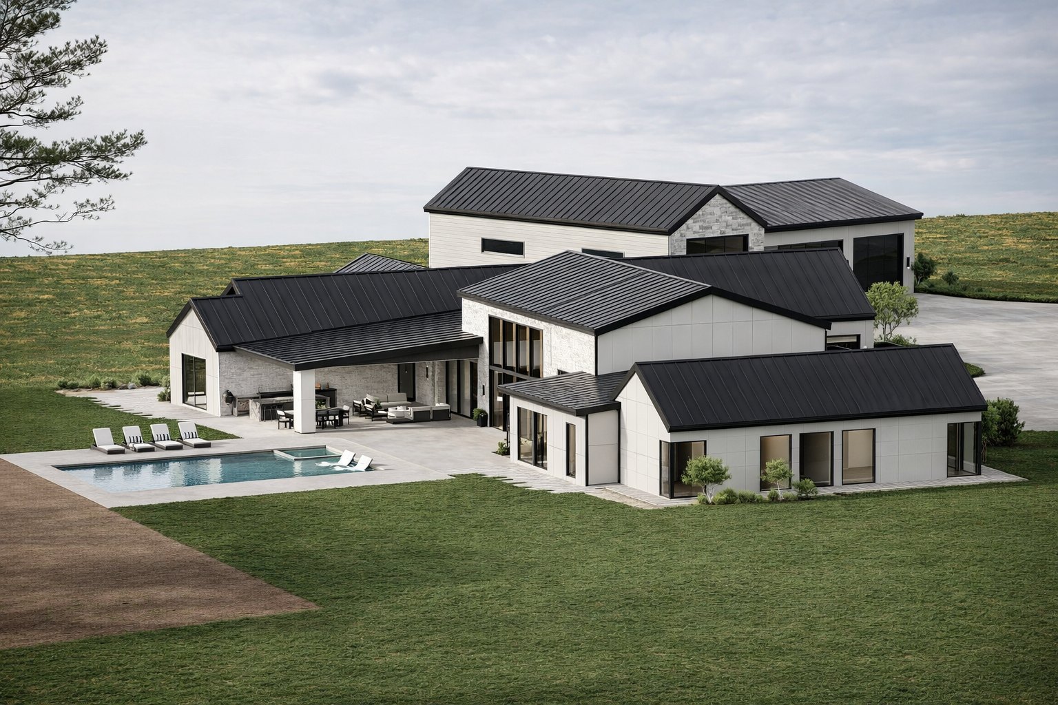 A modern white house with a black roof and swimming pool, situated on a grassy landscape.