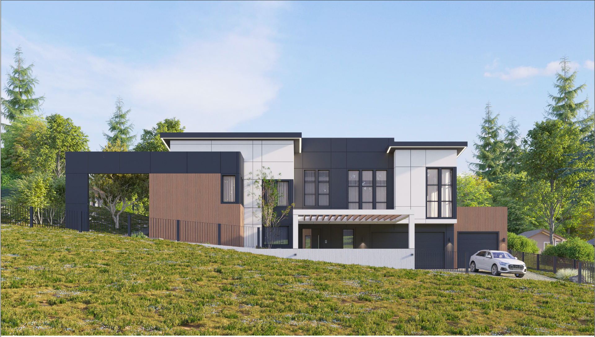 A modern two-story home with wood accents and black-and-white panels sits on a grassy, sloped hill with a car parked.
