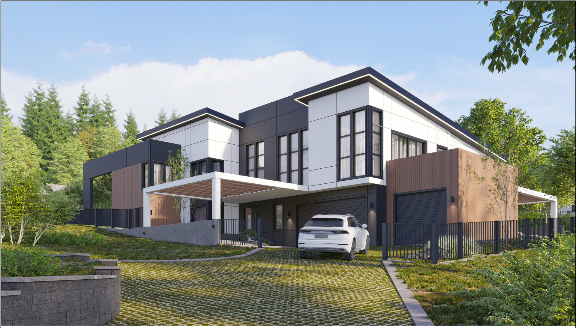 Modern multi-story home with a black, white, and wood-paneled exterior, a car parked in front, and green landscaping.