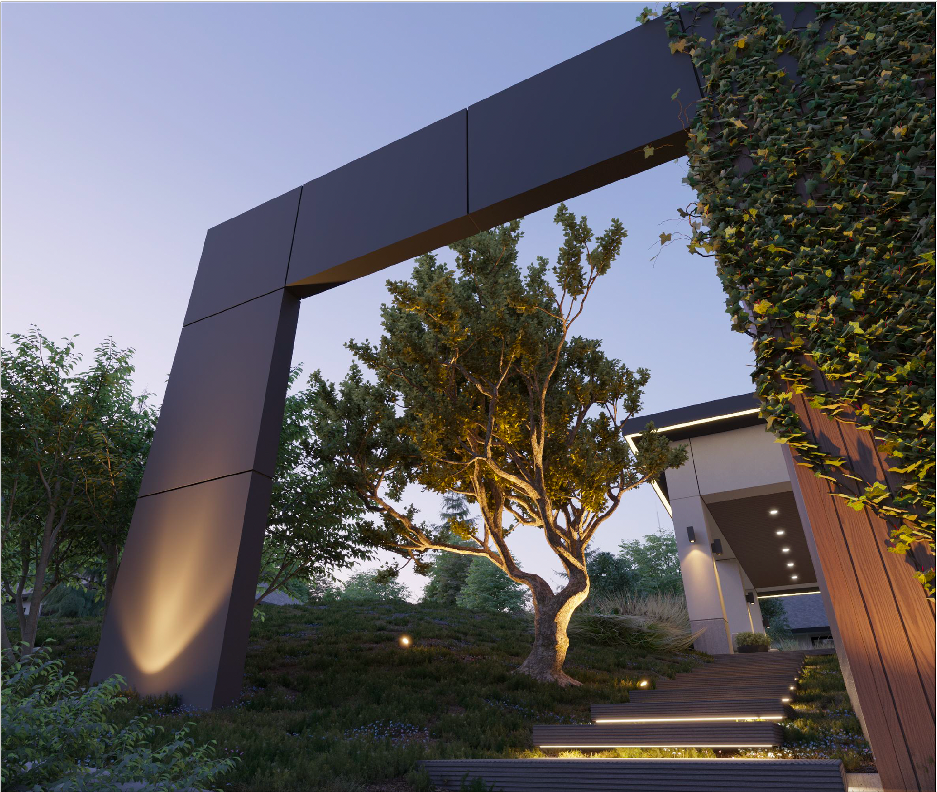 A modern architectural entryway with a large, dark geometric arch framing a tree, illuminated steps, and lush landscaping.