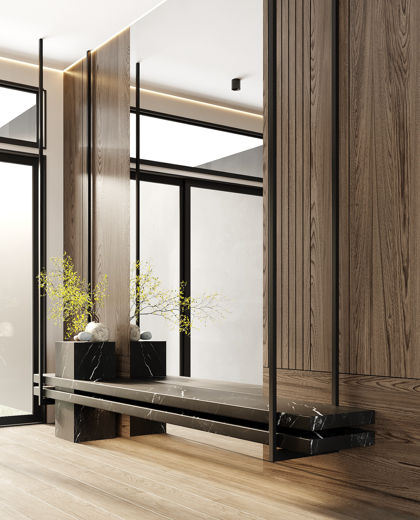 A modern entryway with a suspended black marble bench, wood-paneled walls, and decorative greenery in black planters.