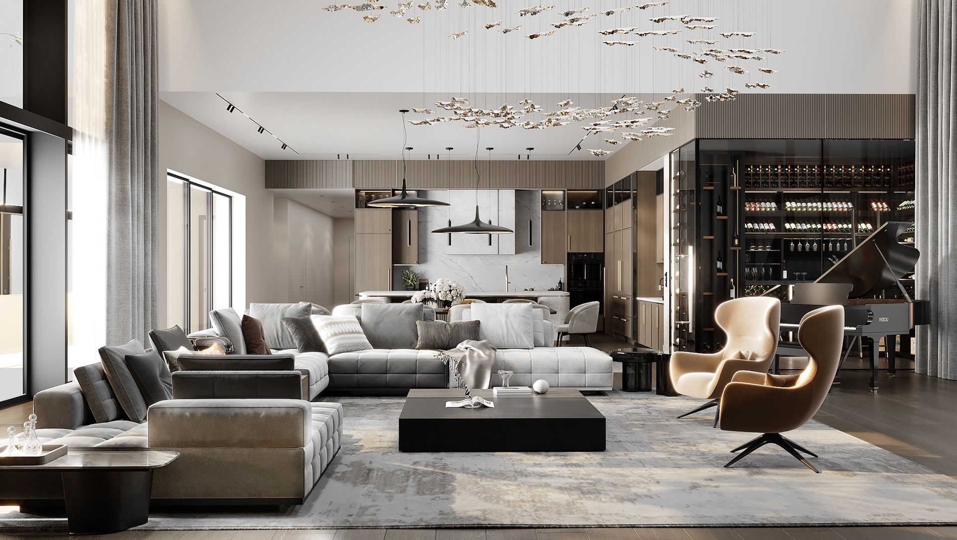 A luxurious, open-plan living room with a grey sectional, a low black coffee table, two tan armchairs, and a grand piano.