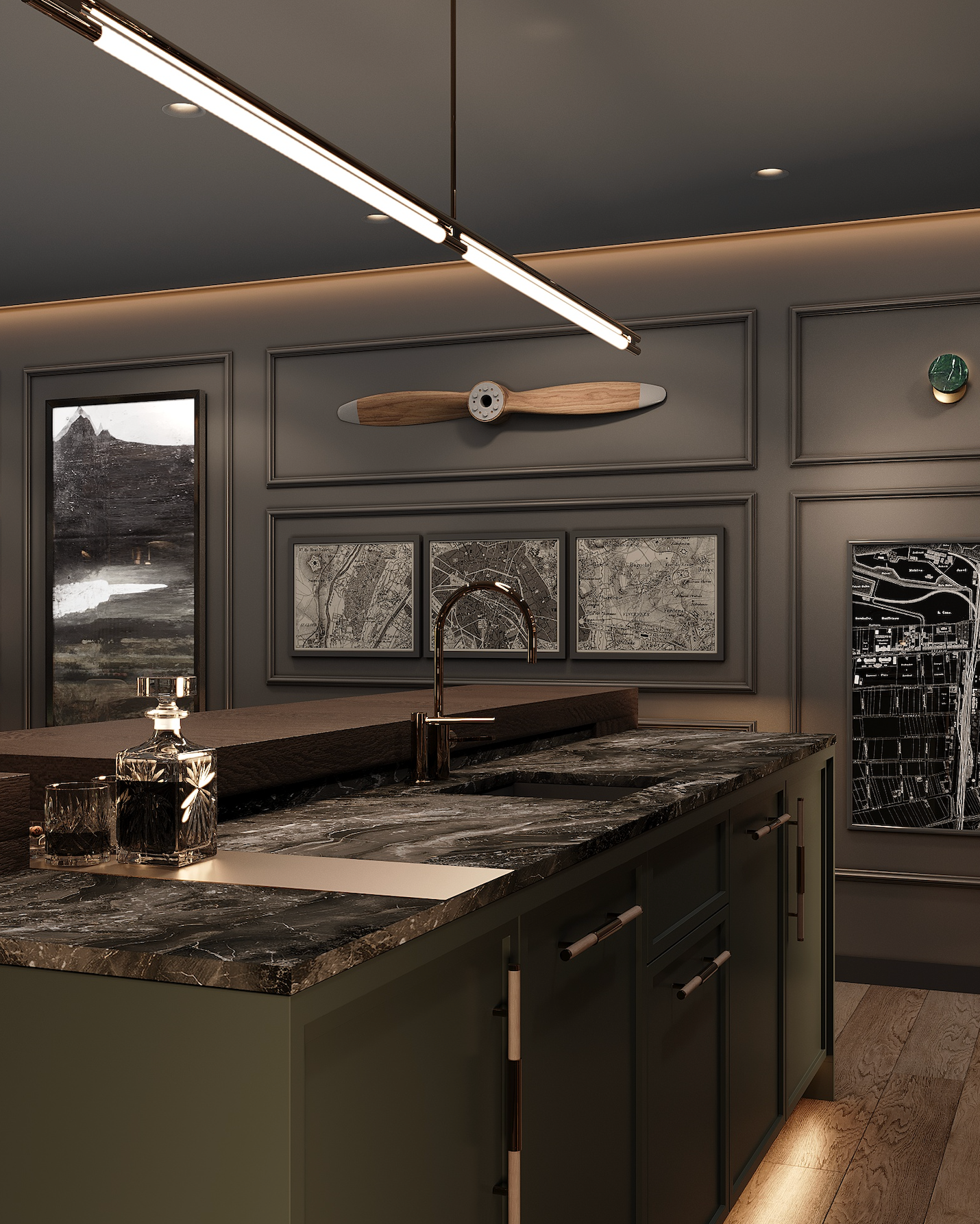 A modern, dark-toned kitchen island with a granite countertop, featuring an airplane propeller on the wall and linear lighting.