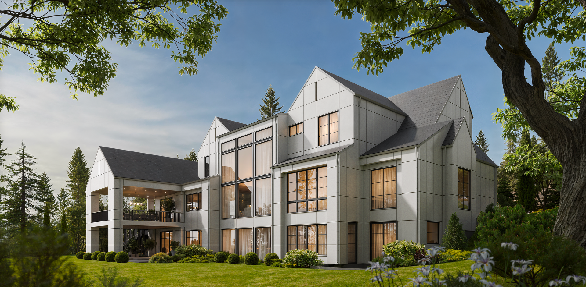 A modern, multi-story white house with a dark gabled roof and large windows, surrounded by trees and a green lawn.