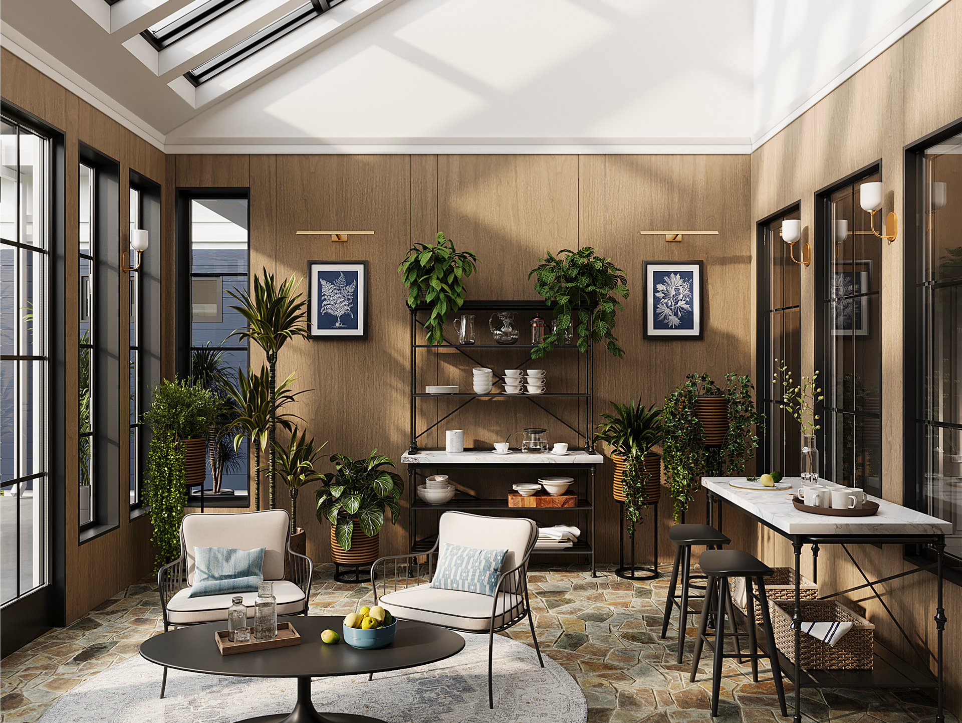 A sunroom featuring wood-paneled walls, a seating area with two armchairs, a table, and a shelving unit filled with plants.