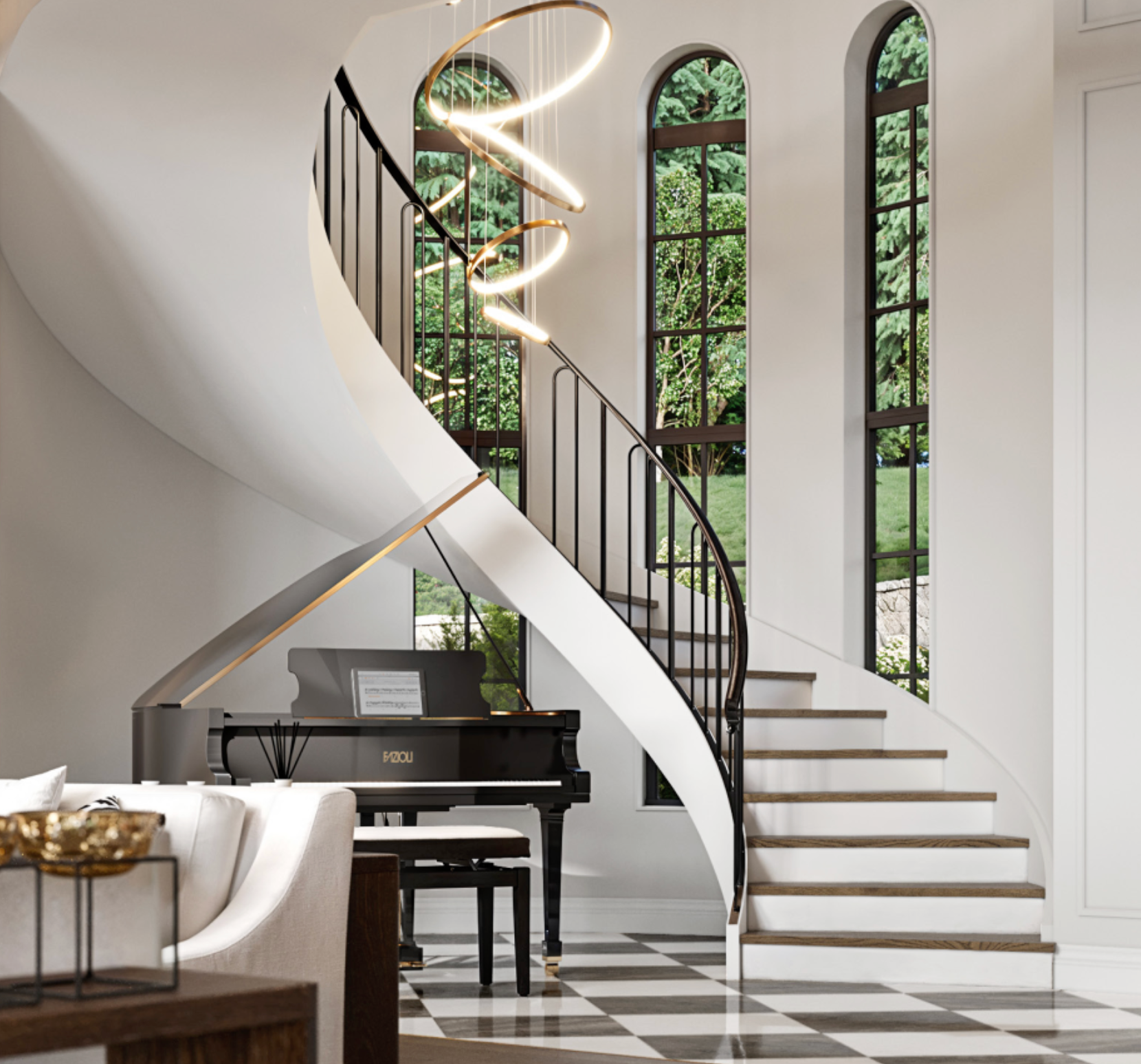 A grand spiral staircase with black railings sits behind a black piano in a bright, modern room with checkered floors.